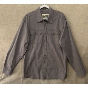 Gramicci‎ Button Up Shirt Mens XL Brown Striped Roll Tab Pockets Cotton